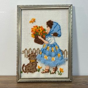 Vintage embroidery done 1980 in frame girl with basket and her dog